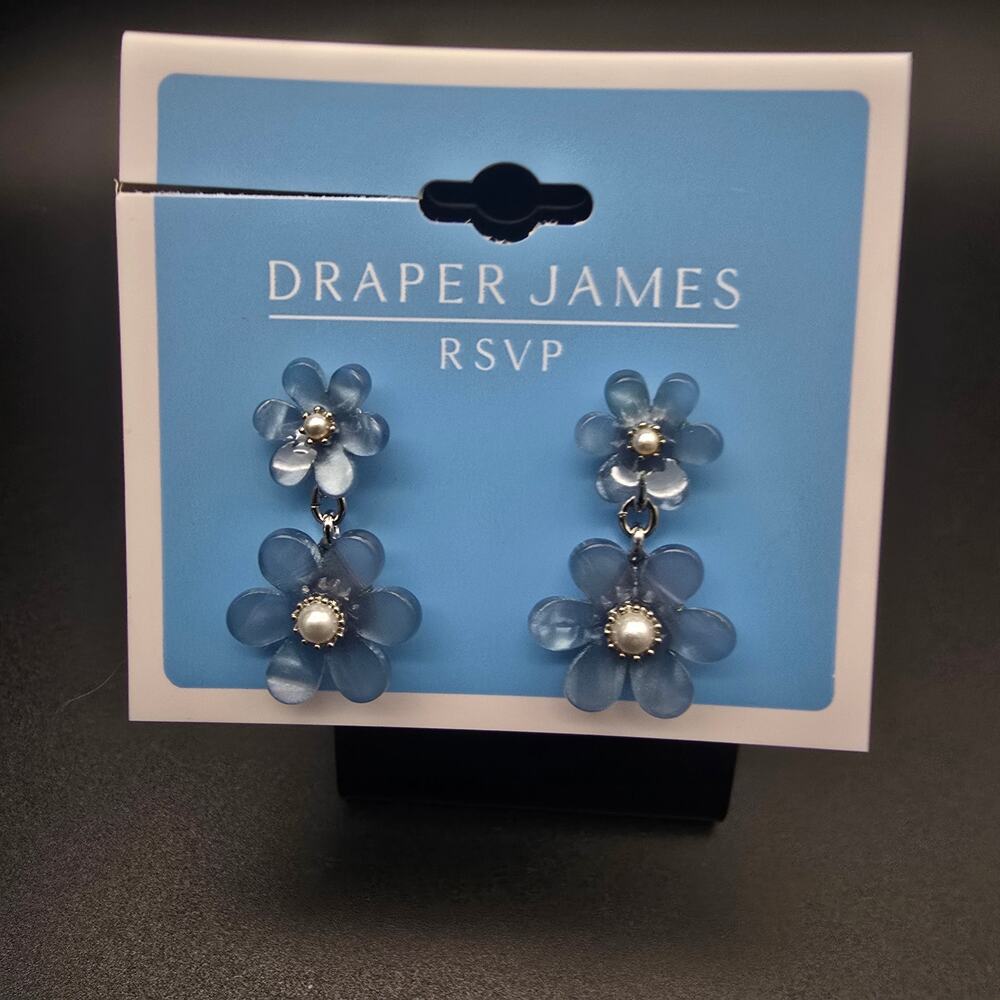 Draper James Blue Flower Earrings Dangle Pierced NWT On Card